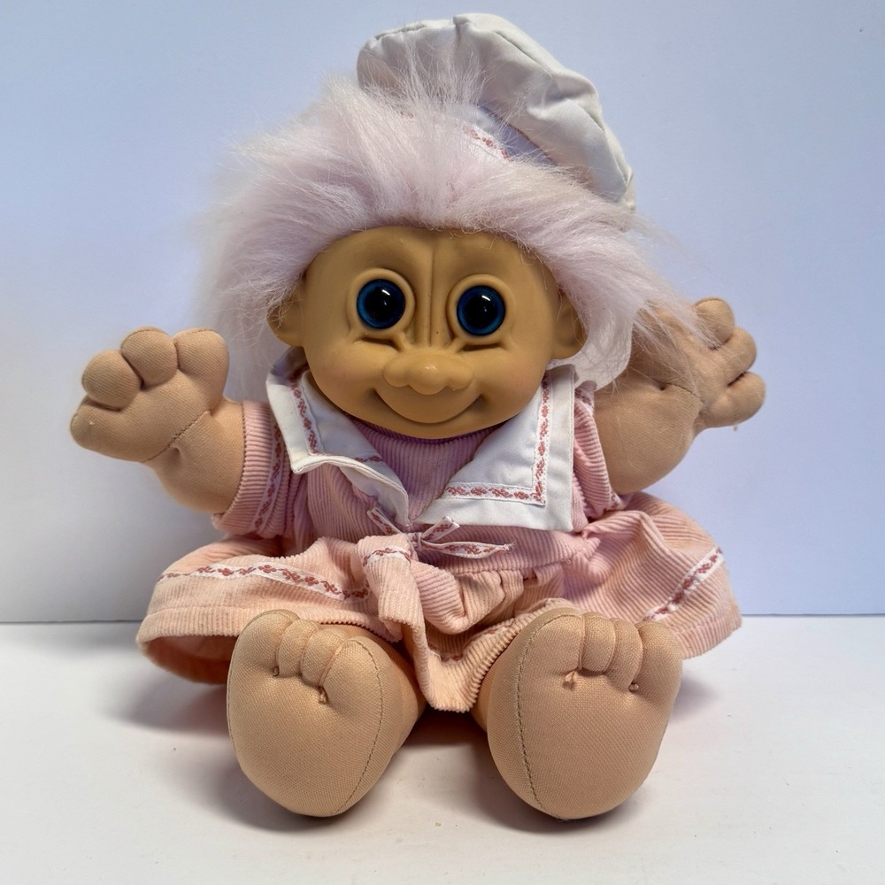 Vtg Russ Berrie Baby Girl Troll Pink Hair Blue Eyes Dress Plush Doll Toy 12"